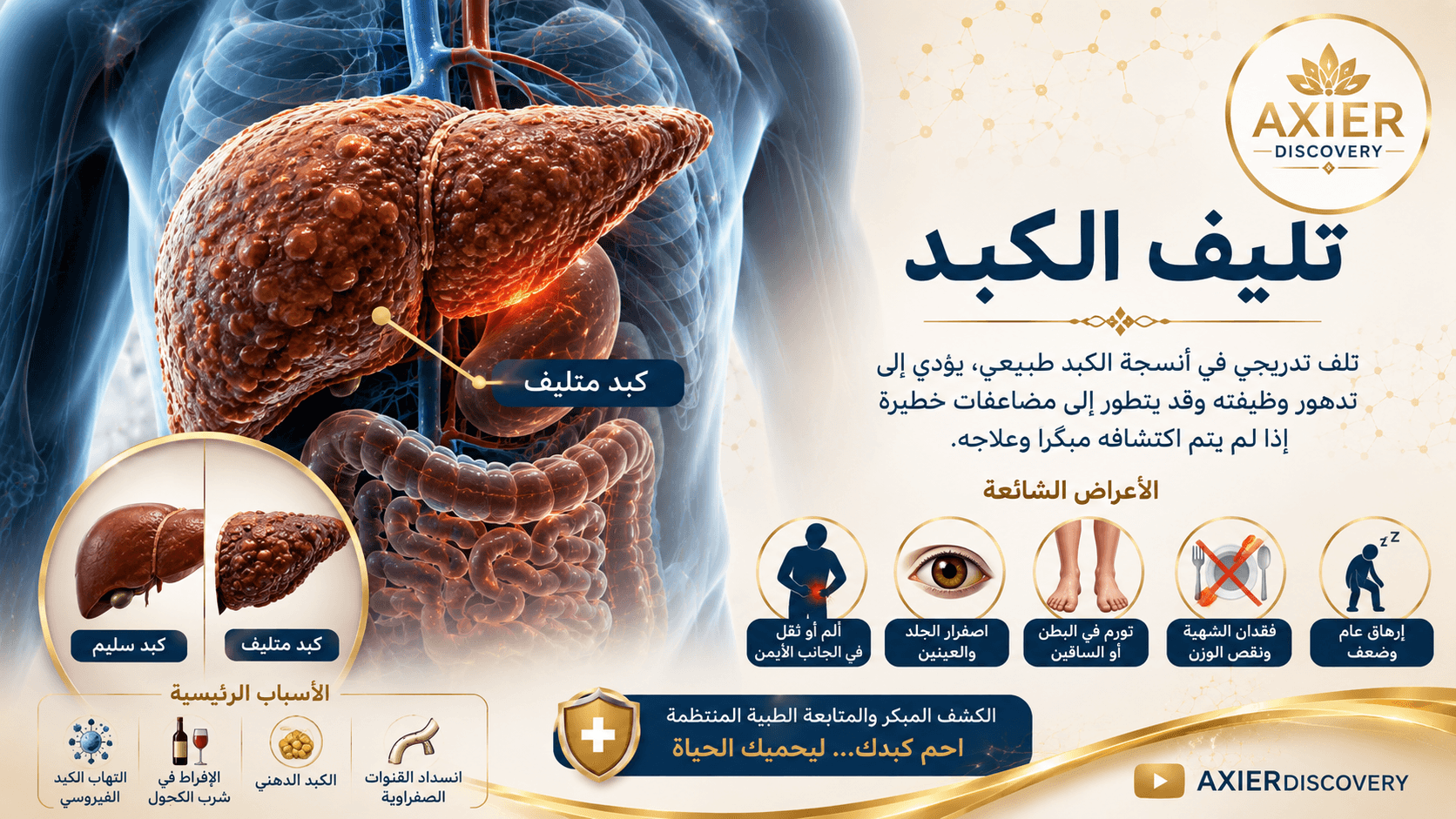 صورة توضيحية لتليف الكبد، تُظهر الفرق بين الكبد السليم والكبد المتليف، مع أبرز الأعراض والأسباب المرتبطة بتطور المرض – AXIER Discovery.
