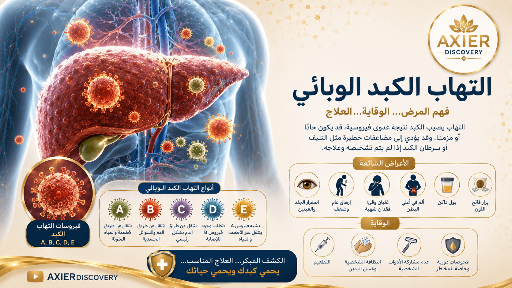 صورة توضيحية لالتهاب الكبد الوبائي، تُظهر الكبد وتأثير الفيروسات عليه، مع أنواع التهاب الكبد الفيروسي A وB وC وD وE، وأبرز الأعراض وطرق الوقاية – AXIER Discovery.