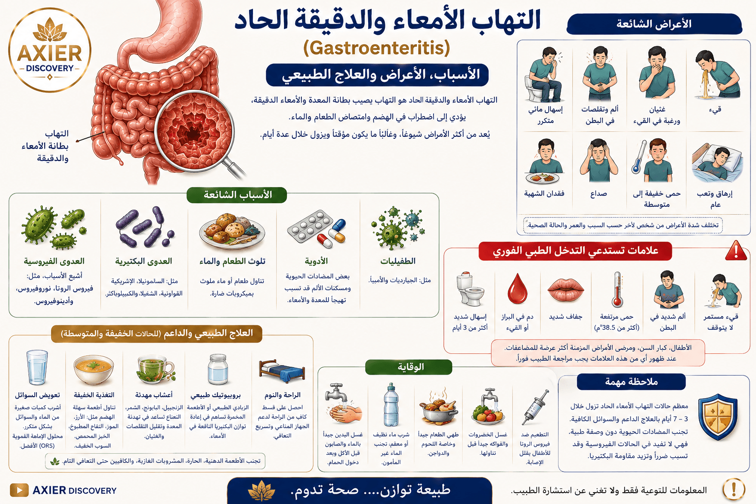 صورة توضيحية لالتهاب المعدة والأمعاء الحاد (Gastroenteritis)، تُظهر التهاب الجهاز الهضمي مع أبرز الأسباب والأعراض، وطرق الوقاية والرعاية الداعمة، وعلامات الخطر التي تستدعي التدخل الطبي – AXIER Discove