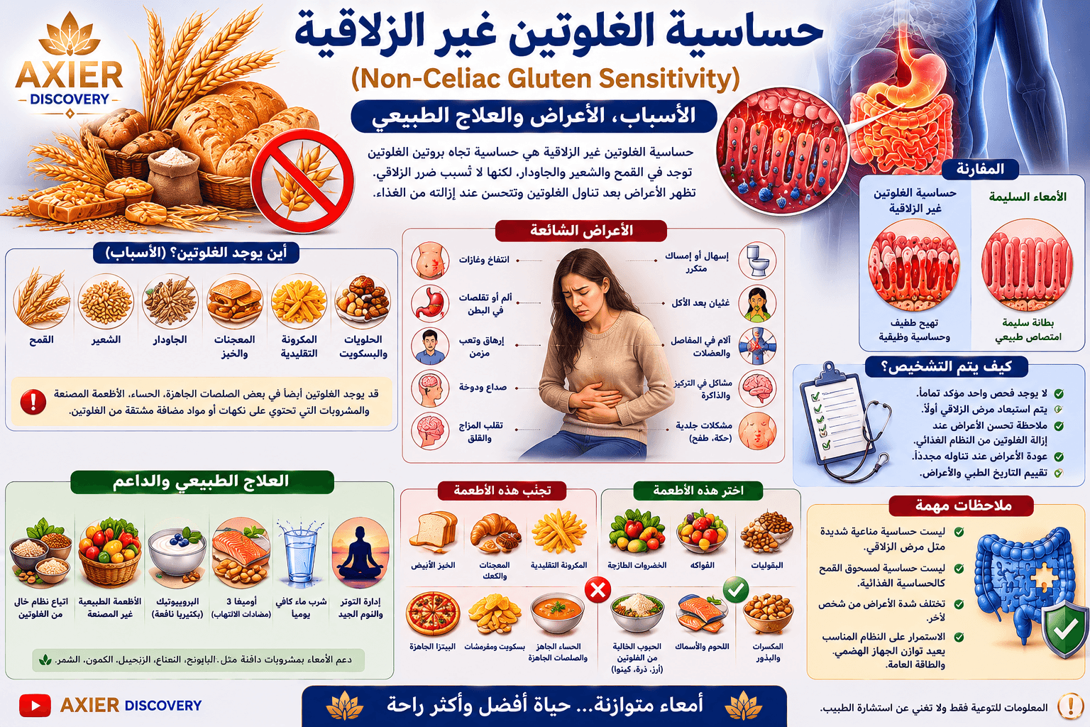 صورة توضيحية لحساسية الغلوتين غير الزلاقية (Non-Celiac Gluten Sensitivity)، تُظهر تأثير تناول الغلوتين على الجهاز الهضمي، مع أبرز الأعراض ومصادر الغلوتين وطرق التشخيص والأطعمة المناسبة والرعاية الداعم