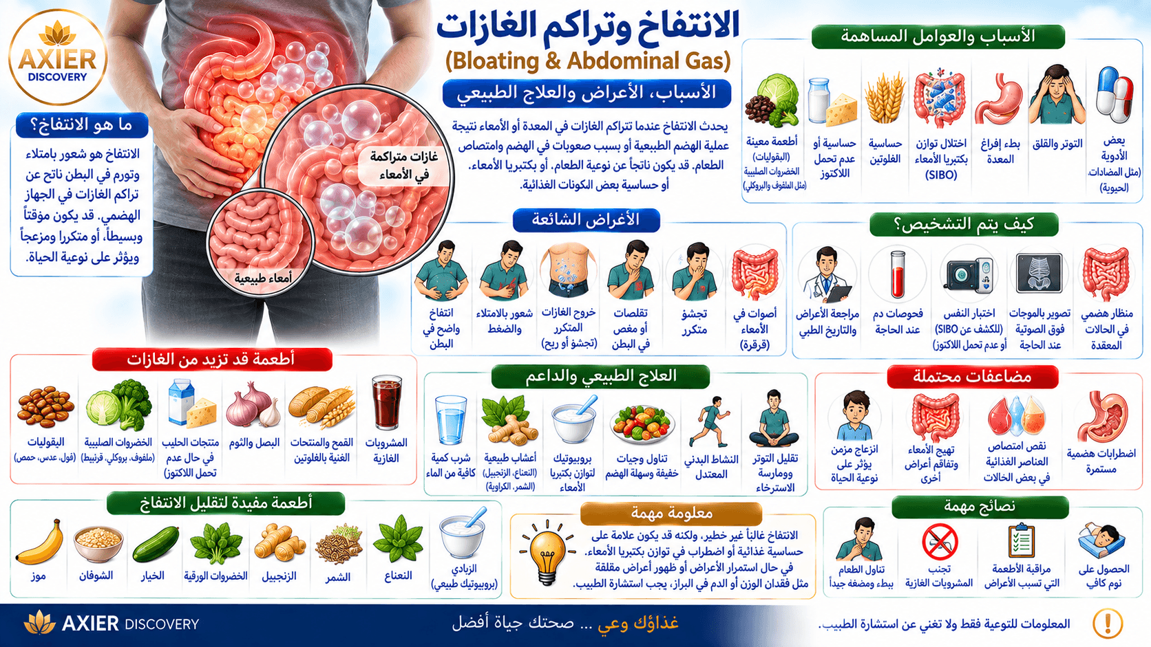 صورة توضيحية للانتفاخ وتراكم الغازات (Bloating & Abdominal Gas)، تُظهر تراكم الغازات داخل الأمعاء وتأثيرها على البطن، مع أبرز الأسباب والأعراض وطرق التشخيص والأطعمة المحفزة ووسائل العلاج والدعم الطبيع